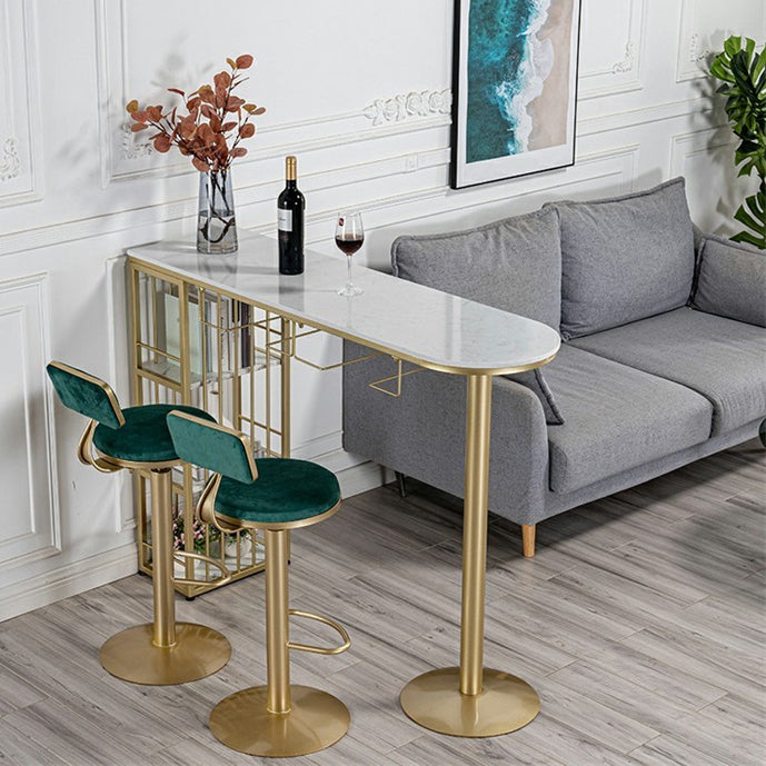 Glam Gold Iron Bistro Table White Stone Top Indoor Bar Dining Table with Shelf