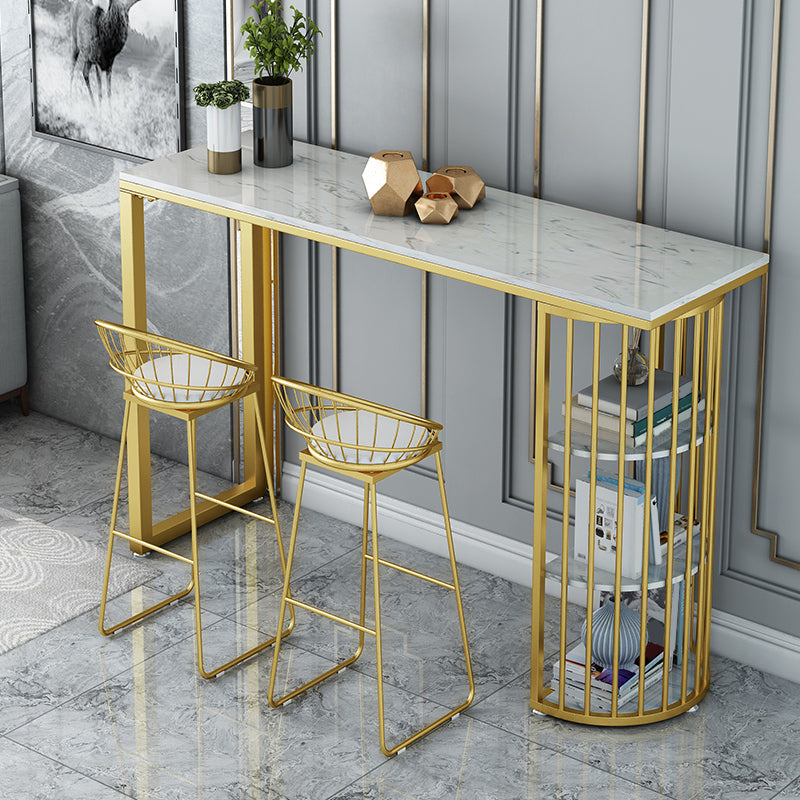 Glam Gold Iron Bistro Table Stone Top Indoor Bar Dining Table with Shelf