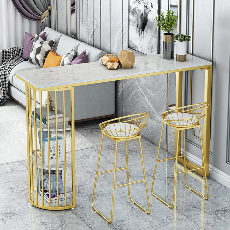 Glam Gold Iron Bistro Table Stone Top Indoor Bar Dining Table with Shelf