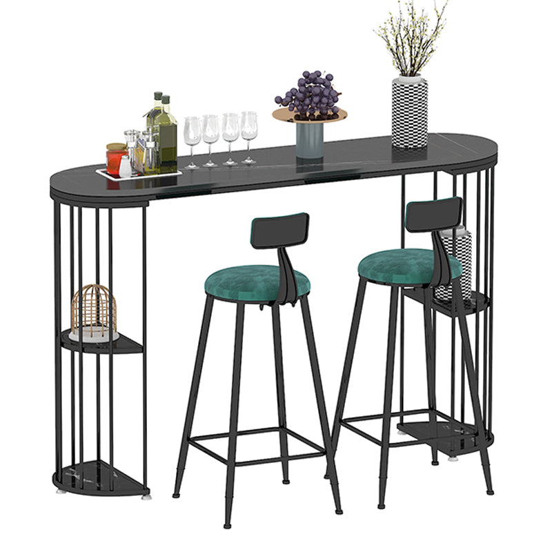 Glam Iron Bistro Table Stone Top Oval Indoor Bar Dining Table with 2-Shelf