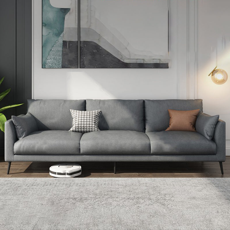 Contemporary Gray Recessed Arm Couch Living Room Faux Leather Sofa