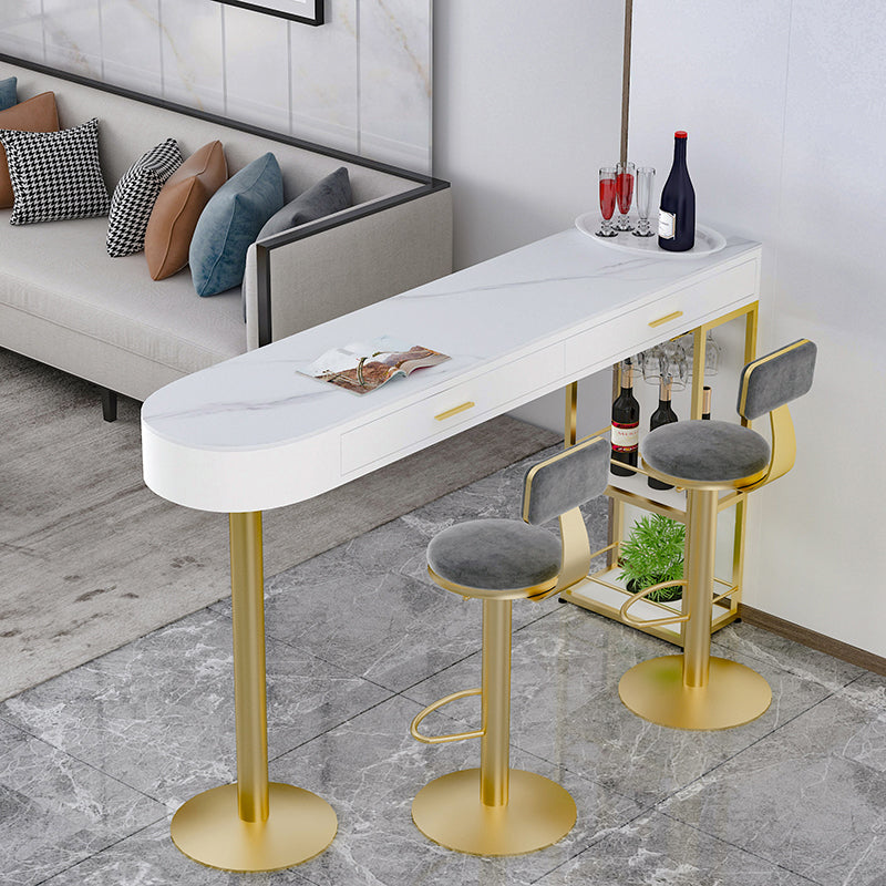 Glam Gold Iron Bar Dining Table White Stone Top Indoor Bistro Table with Drawer