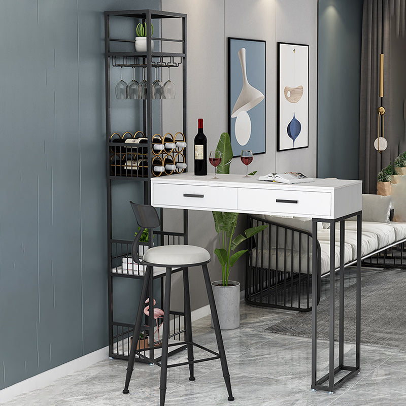 2-Drawer Modern Steel Bistro Table White Stone Top Indoor Bar Dining Table with Wine Rack