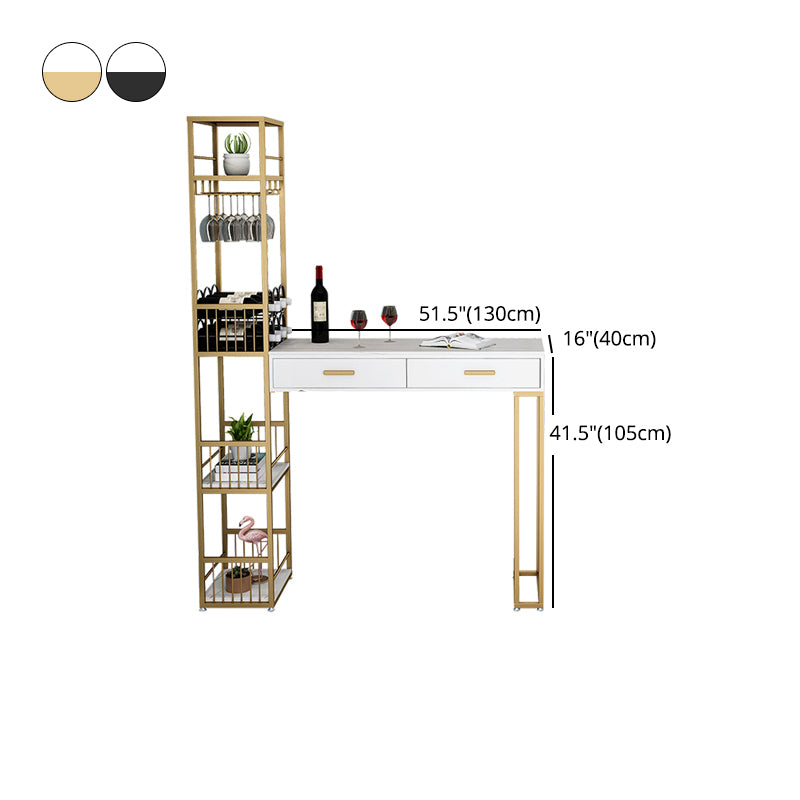 2-Drawer Modern Steel Bistro Table White Stone Top Indoor Bar Dining Table with Wine Rack