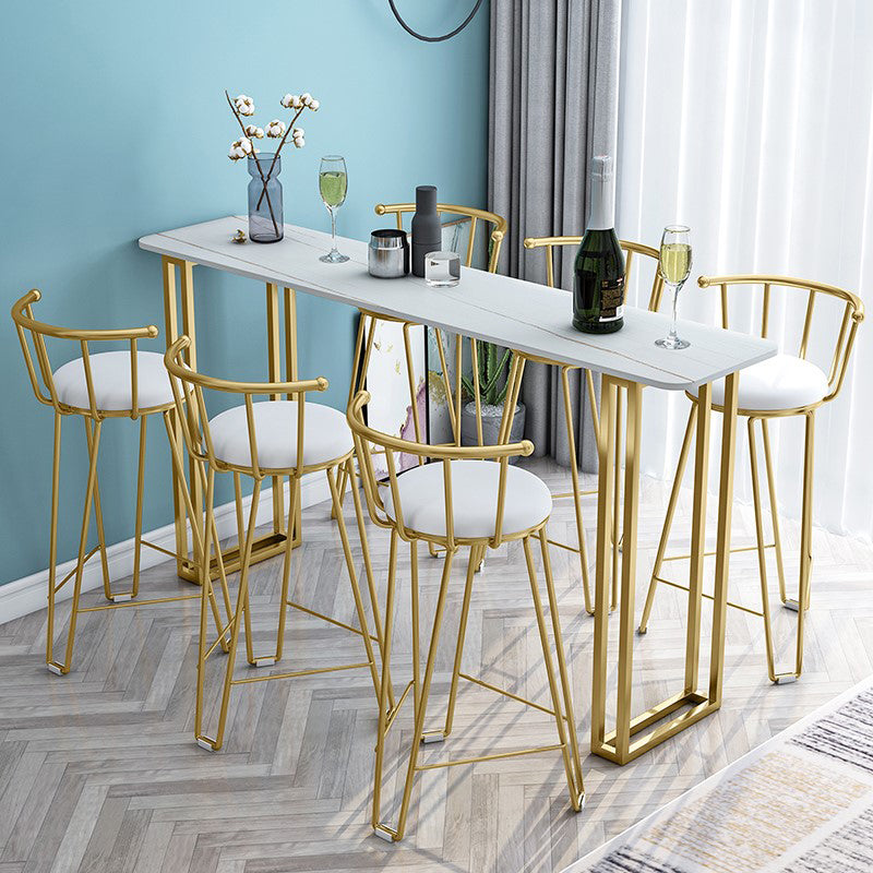 Glam Gold Iron Bar Dining Table Stone Top Indoor Bistro Table with Sled Pedestal