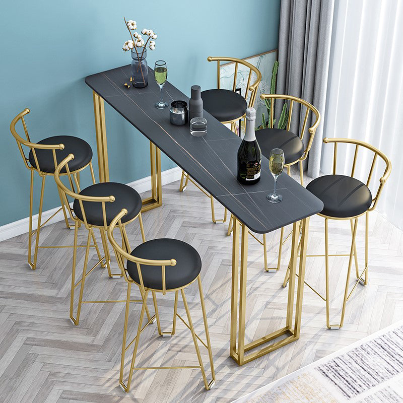 Glam Gold Iron Bar Dining Table Stone Top Indoor Bistro Table with Sled Pedestal