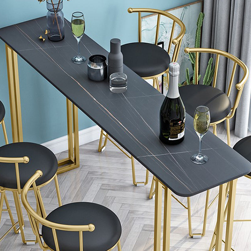 Glam Gold Iron Bar Dining Table Stone Top Indoor Bistro Table with Sled Pedestal