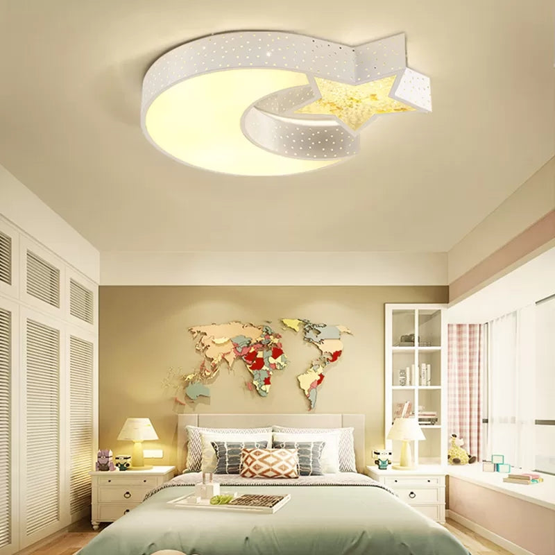 Kids White Ceiling Light Hollow Star Moon Acrylic LED Flush Mount Light for Study Room