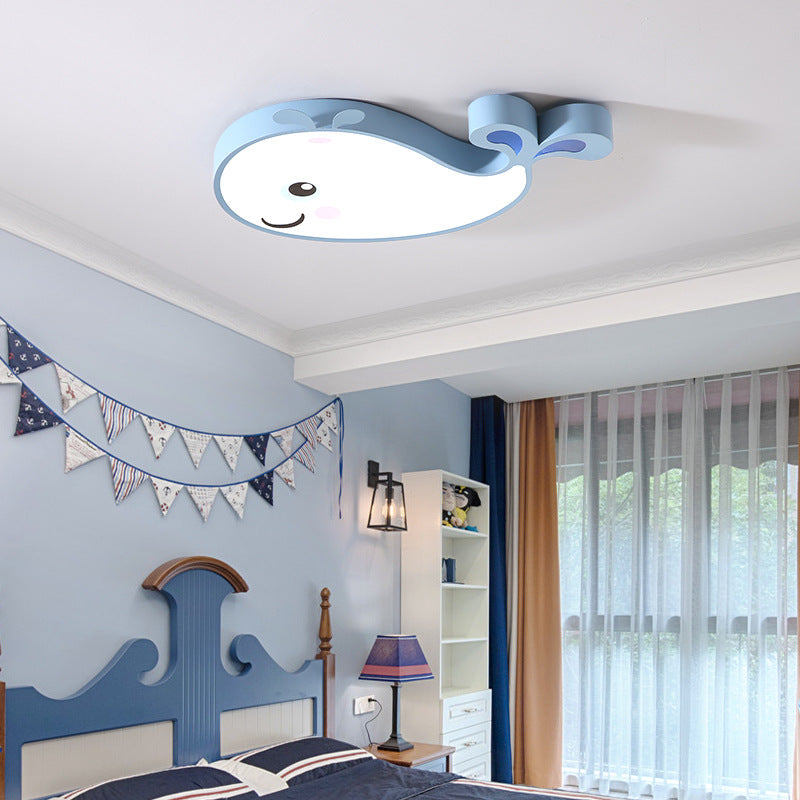 Cartoon Whale Shaped Ceiling Lamp Metal Kids Bedroom LED Flush Mount Light