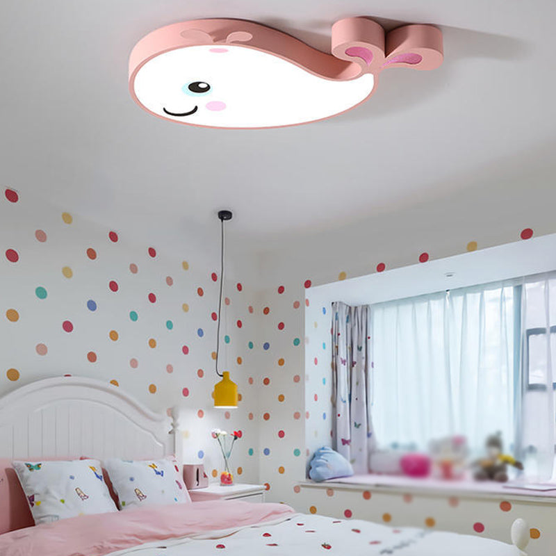 Cartoon Whale Shaped Ceiling Lamp Metal Kids Bedroom LED Flush Mount Light