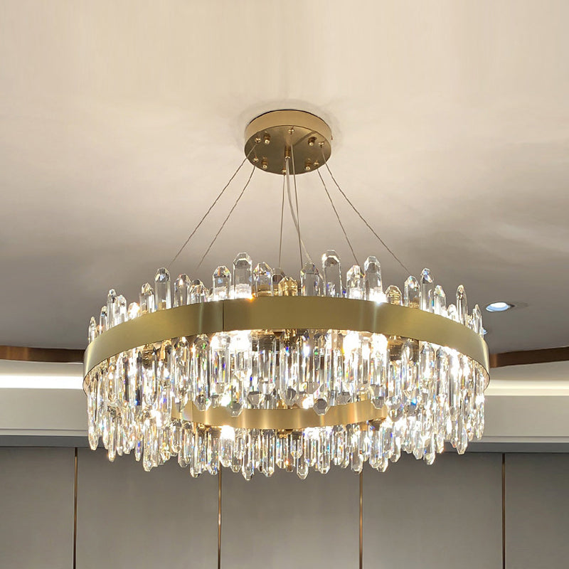 Round Shape Hanging Lights Crystal Metal Chandelier in Gold for Living Room