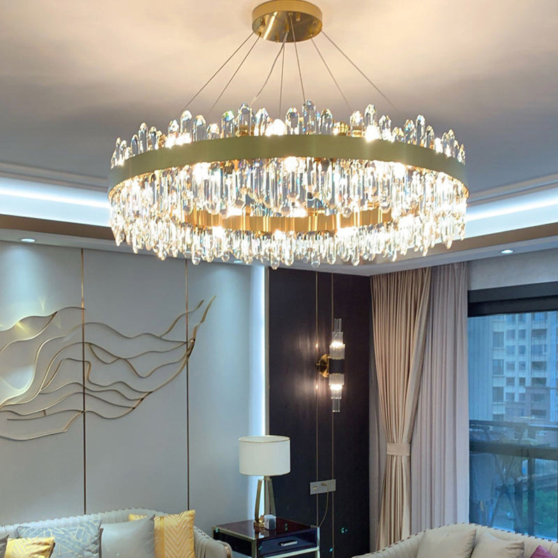 Round Shape Hanging Lights Crystal Metal Chandelier in Gold for Living Room