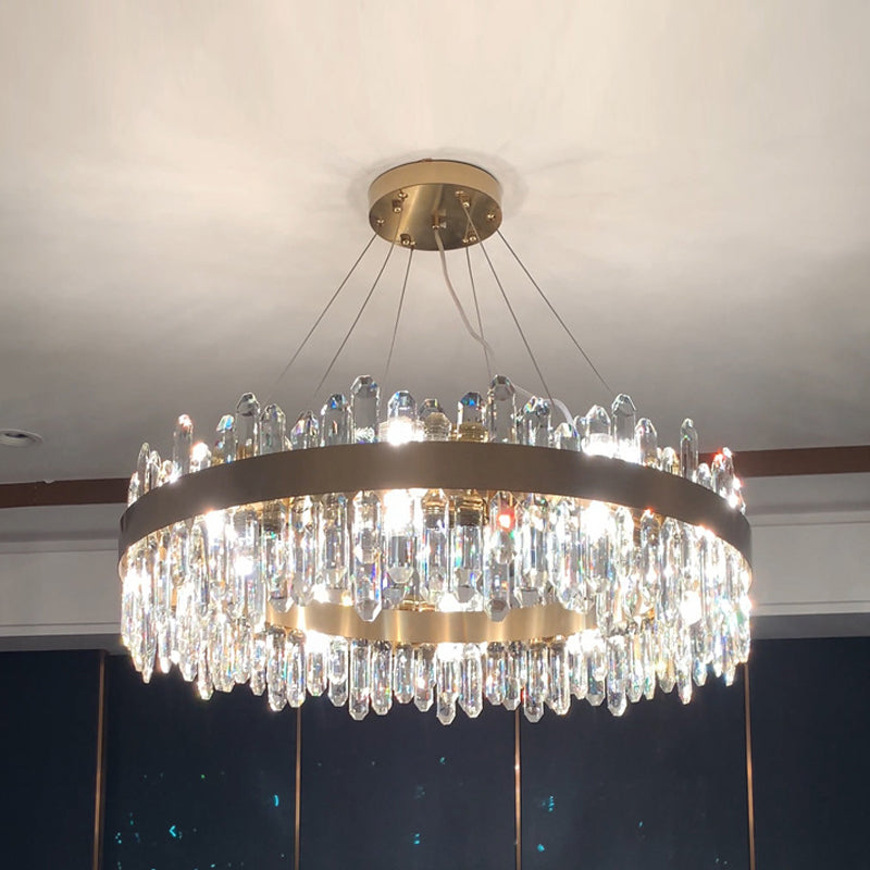 Round Shape Hanging Lights Crystal Metal Chandelier in Gold for Living Room