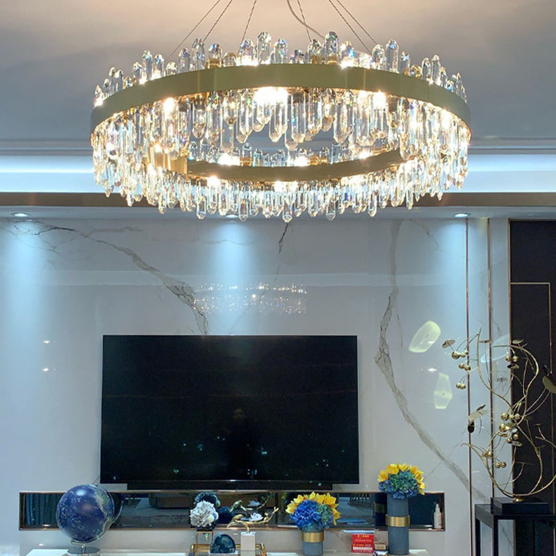 Round Shape Hanging Lights Crystal Metal Chandelier in Gold for Living Room