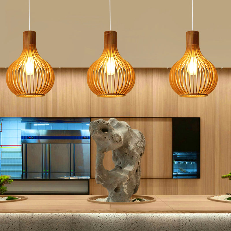 Modern Style Hanging Light Fixture 1-Light Pendant Lamp with Wooden Shade for Bedroom