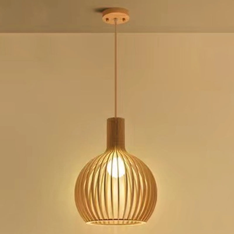 Modern Style Hanging Light Fixture 1-Light Pendant Lamp with Wooden Shade for Bedroom