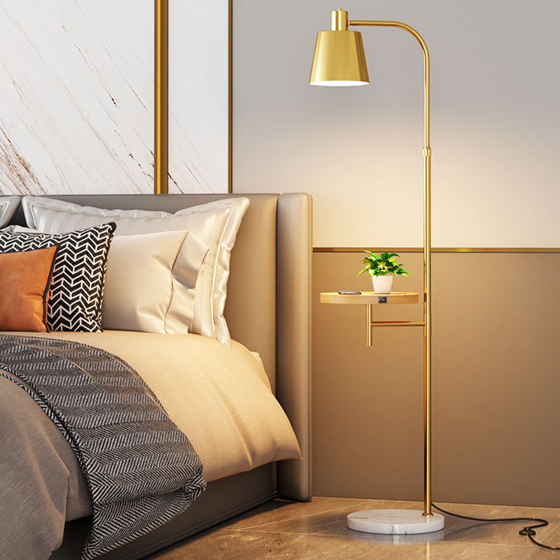 Nordic Style Metal Floor Lamp Cylinder Shape Shade Floor Light with Tea Table for Bedroom