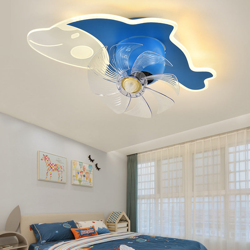 Cartoon LED Ceiling Fan Lamp 360-Degree Rotatable Kids Bedroom Semi Flush Mount Light