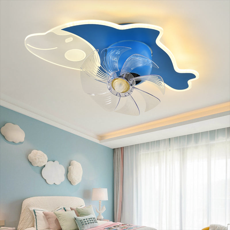 Cartoon LED Ceiling Fan Lamp 360-Degree Rotatable Kids Bedroom Semi Flush Mount Light