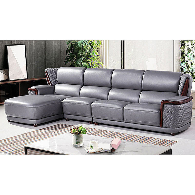 Genuine Leather Sectional Grey Cushion Back Sofa and Chaise for Living Room