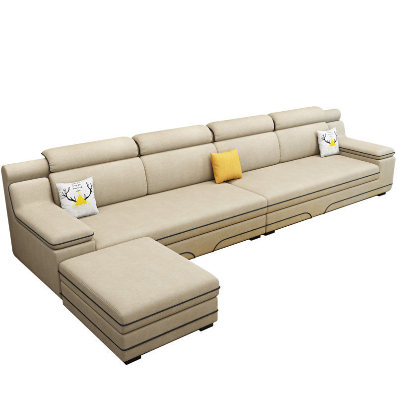 Contemporary Reversible Sectional Linen/Faux Leather Sofa with Ottoman for Four People