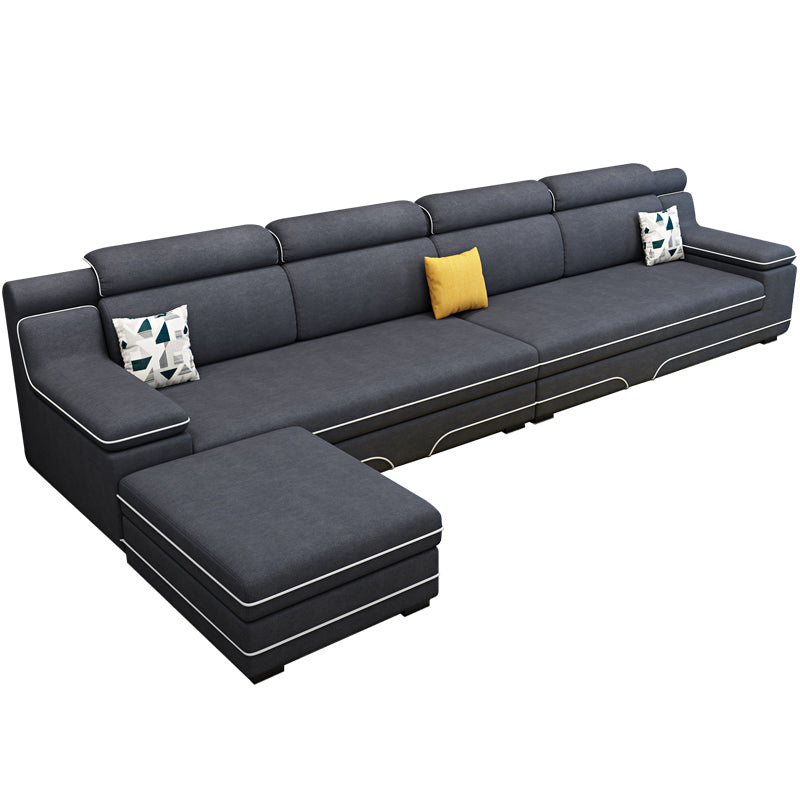Contemporary Reversible Sectional Linen/Faux Leather Sofa with Ottoman for Four People