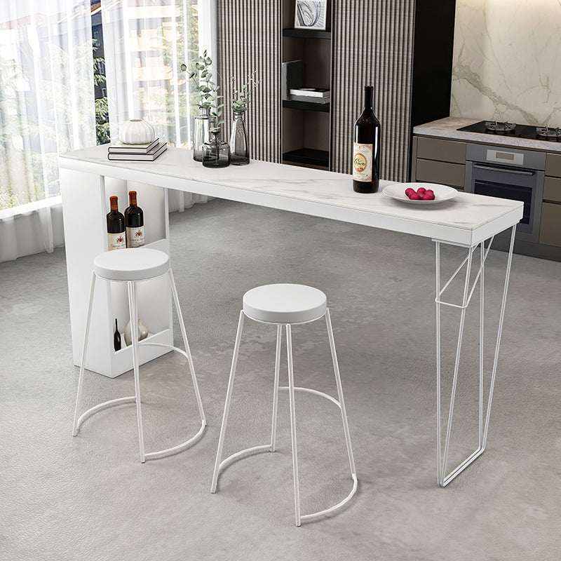 Industrial White Wood Bar Dining Table Stone Top Rectangle Indoor Bistro Table with Shelf