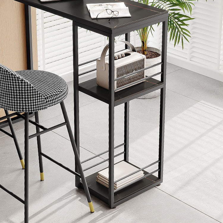 Industrial Black Iron Bar Dining Table Stone Top Rectangle Indoor Bistro Table with Shelf