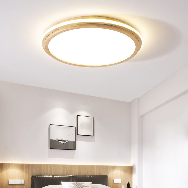 Japanese Style Round Ceiling Light Wood LED Flush Mount Light for Living Room