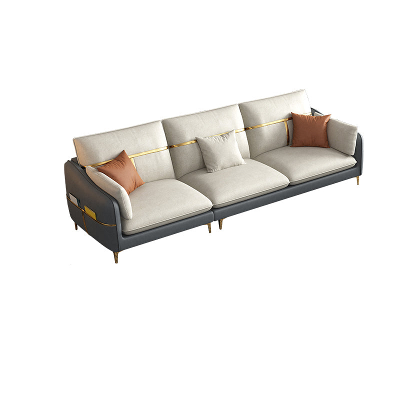 Contemporary Living Room Faux Leather Sofa Pillow Back Couch with Brass Legs