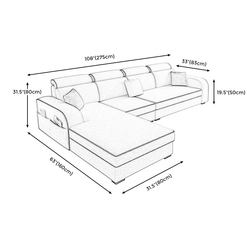 Contemporary Sofa Grey L-Shape High Back Square Arm Sectional with Storage