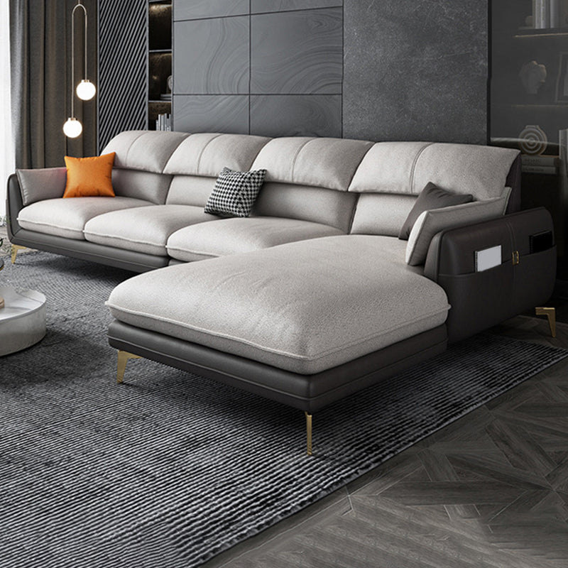 Pillow Top Arm Faux Leather Sofa and Chaise L-Shape Sectional with Storage for Apartment