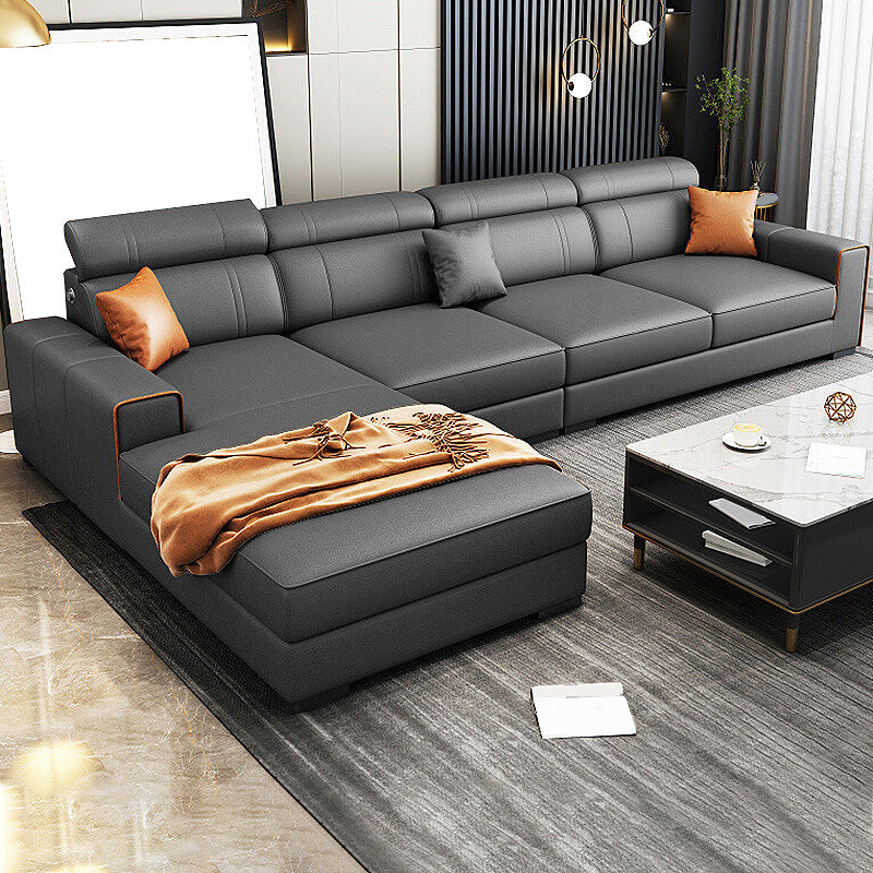 Modern Black Faux Leather Sectional Square Arm Sofa for Living Room