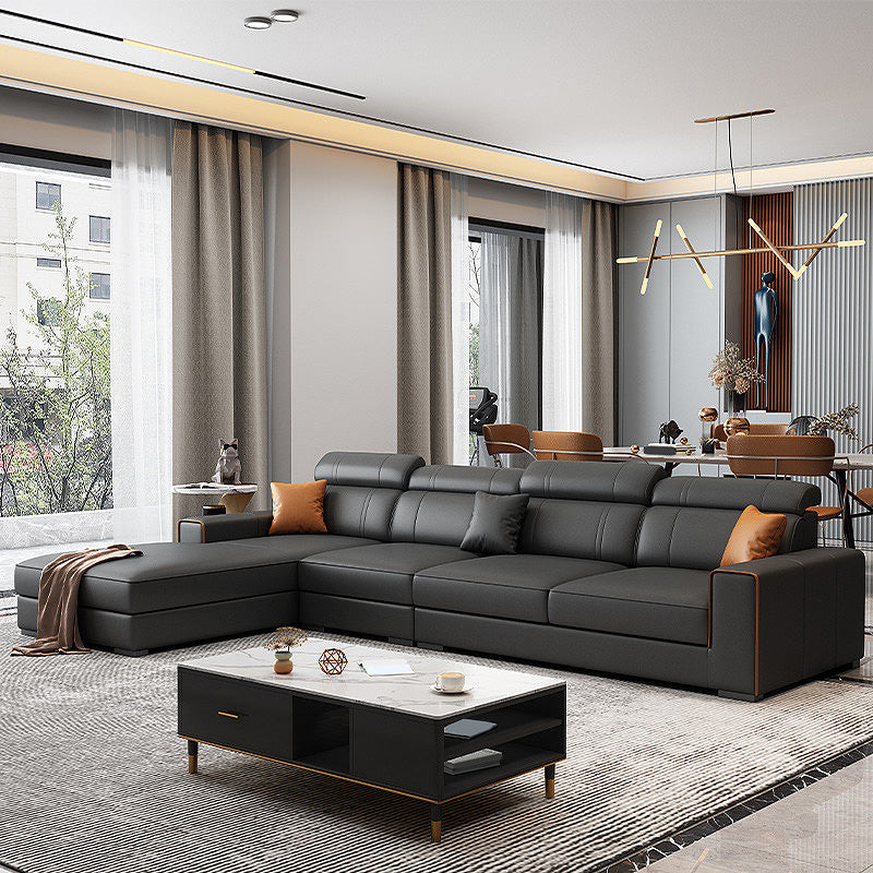 Modern Black Faux Leather Sectional Square Arm Sofa for Living Room