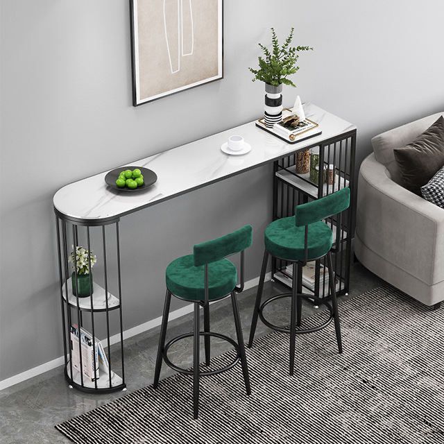 Glam Style Bar Table Stone Top Metal Base Pub Table with Shelf for Living Room