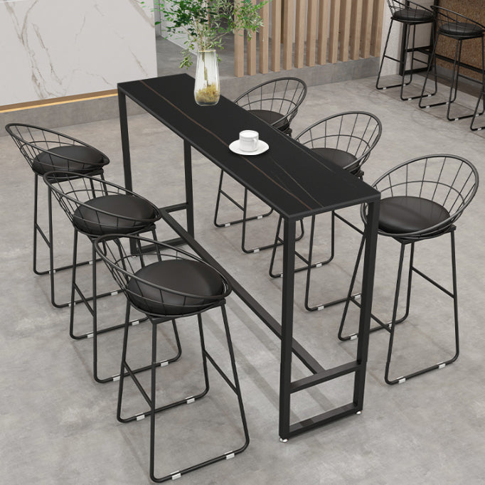 Modern Rectangle Iron Bar Dining Table Stone Top Indoor Bistro Table with Footrest