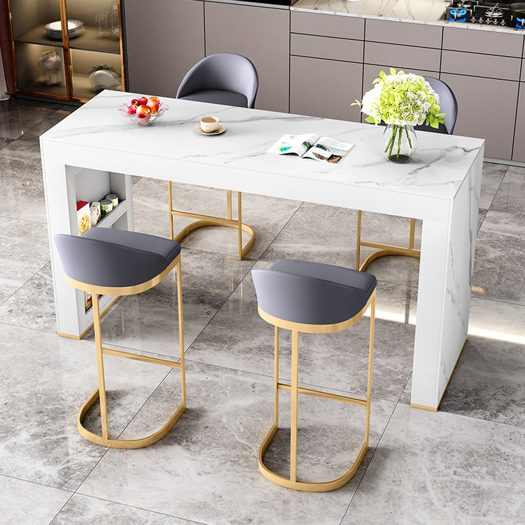 Glam White Wood Bar Dining Table with White Stone Top Rectangle Indoor Bistro Table