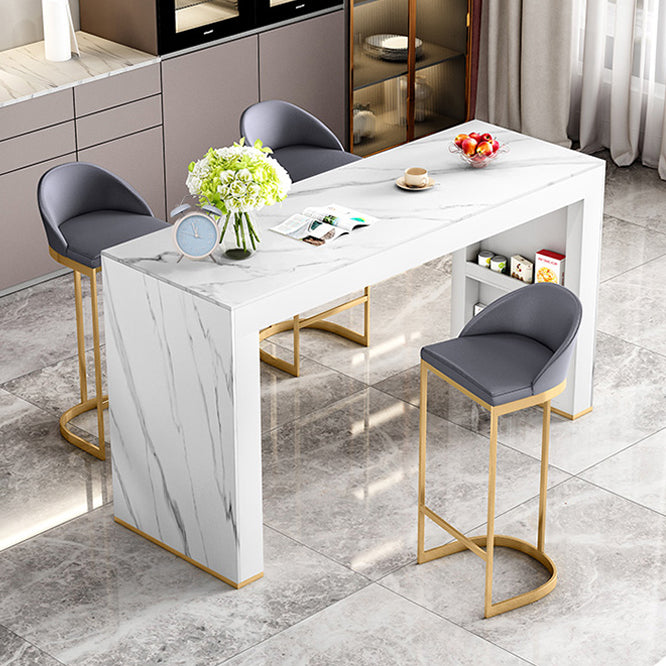 Glam White Wood Bar Dining Table with White Stone Top Rectangle Indoor Bistro Table