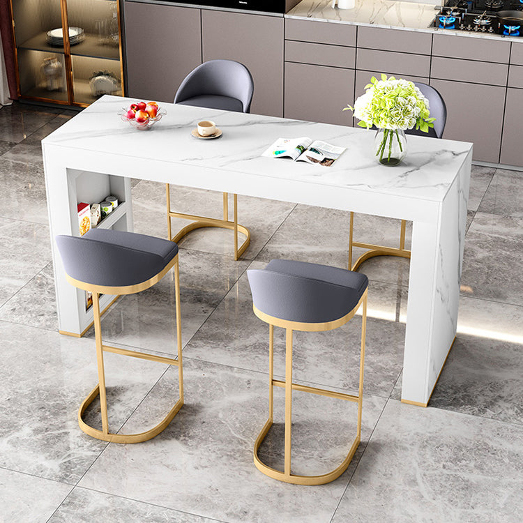 Glam White Wood Bar Dining Table with White Stone Top Rectangle Indoor Bistro Table