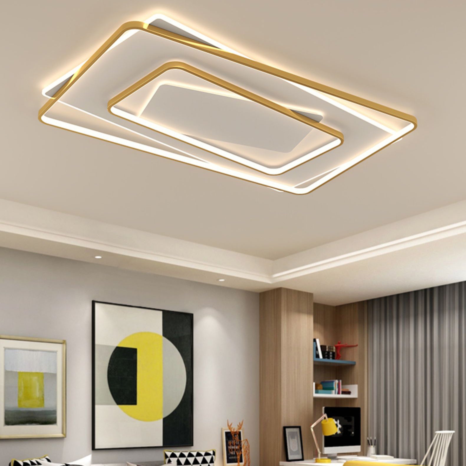 Gold Square LED Flush Mounted Ceiling Lights Contemporary Lighting Fixture for Living Room