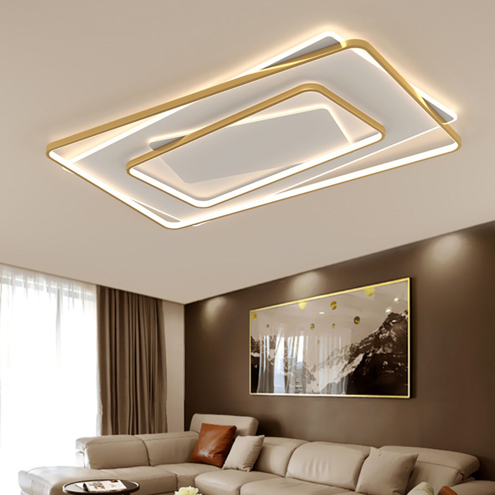 Gold Square LED Flush Mounted Ceiling Lights Contemporary Lighting Fixture for Living Room