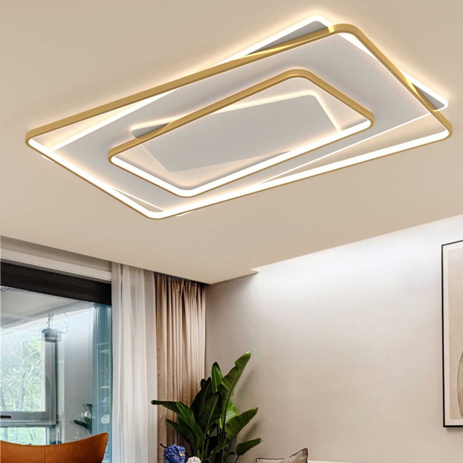 Gold Square LED Flush Mounted Ceiling Lights Contemporary Lighting Fixture for Living Room