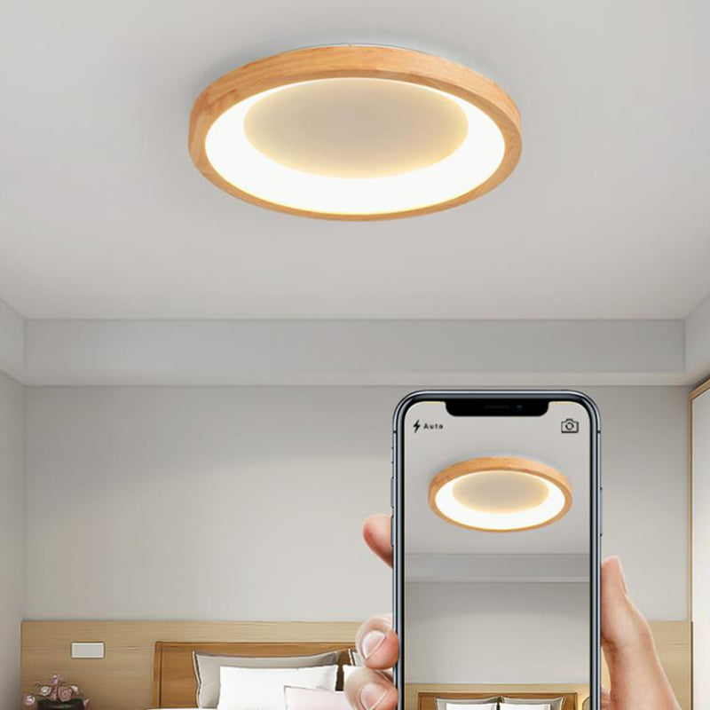 Round Shape LED Ceiling Lamp Modern Wood 1 Light Flush Mount for Bedroom