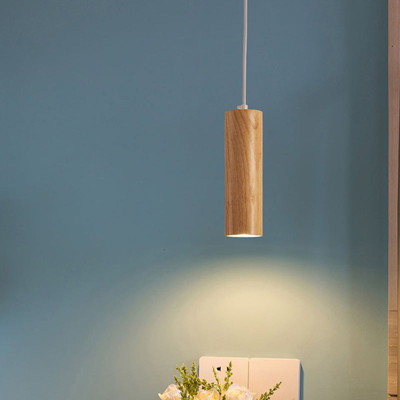 Wood Cylindrical Shape Pendant Lighting Modern Style 1 Light Hanging Lights for Bedroom