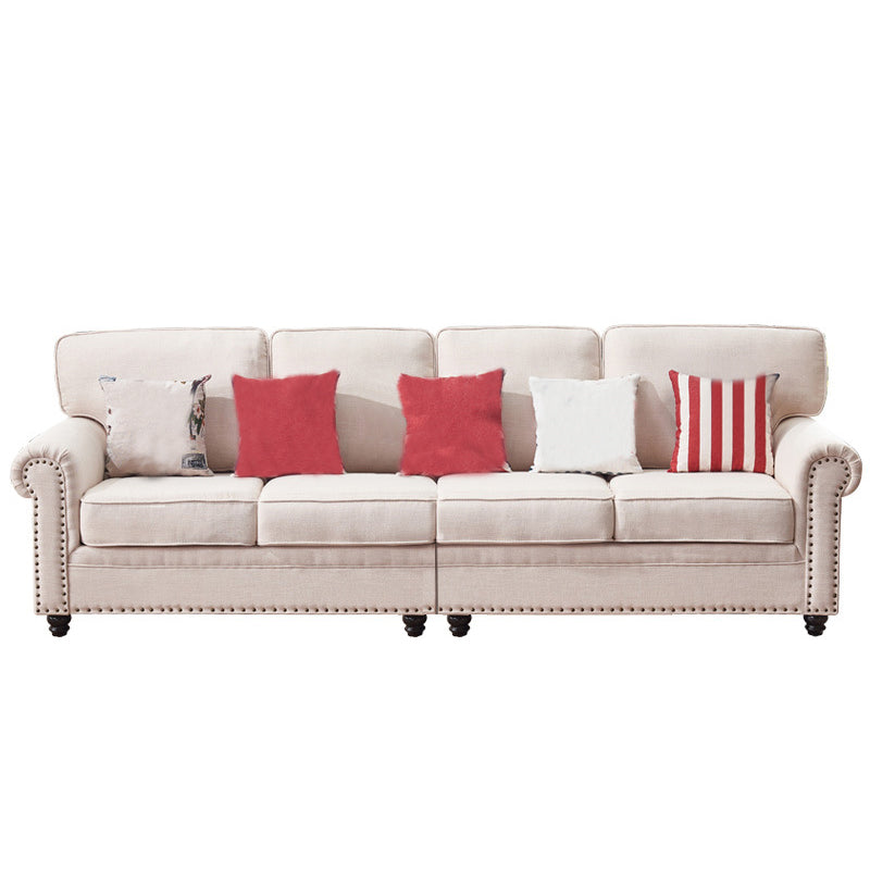 Traditional Biege Pillow Back Couch Rolled Arm Sofa with Nailhead Trim