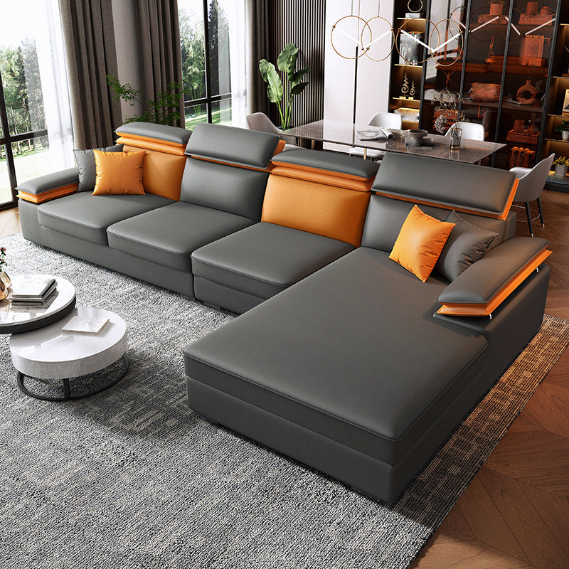 Grey L-Shape Sectional with Pillow Back Cushions Sofa for Living Room