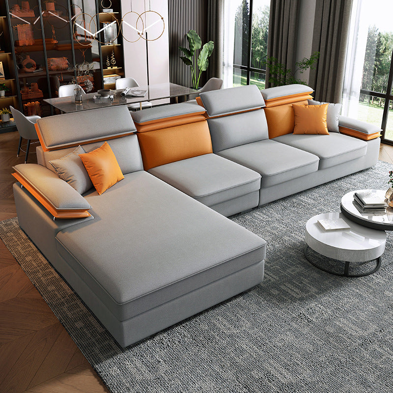 Grey L-Shape Sectional with Pillow Back Cushions Sofa for Living Room