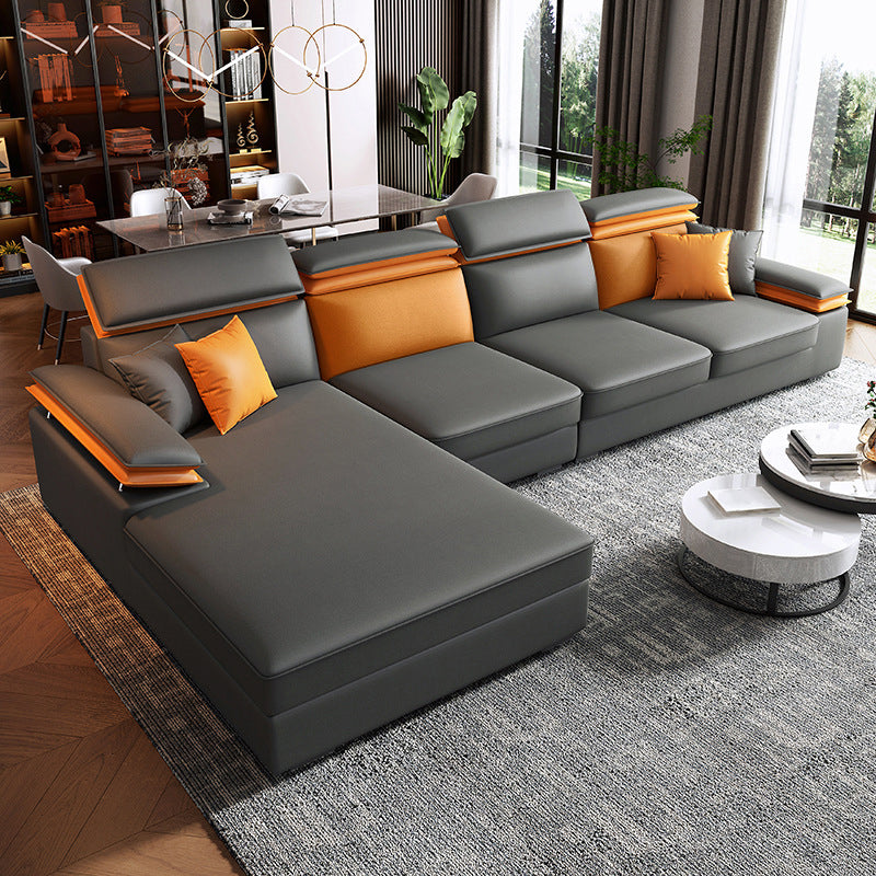 Grey L-Shape Sectional with Pillow Back Cushions Sofa for Living Room