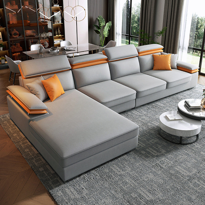 Grey L-Shape Sectional with Pillow Back Cushions Sofa for Living Room