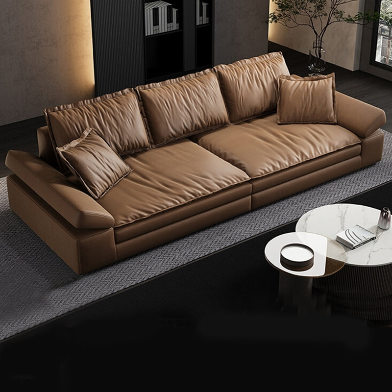 Modern Faux Leather Sectional Tan Cushion Back Sofa for Living Room